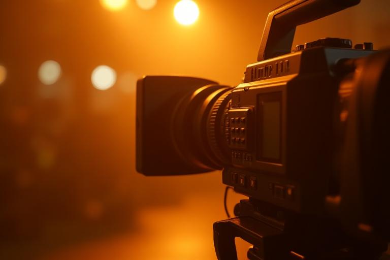 رؤية كاميرا سينمائية محترفة مع إضاءة استوديو دافئة